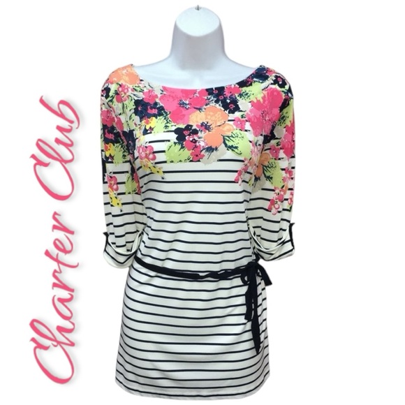 Charter Club Tops - Charter Club Striped Floral Belted Stretch Top Blouse - Women’s PL Petite Large